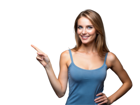 Pretty woman pointing her finger to the side of empty space, isolated transparent background