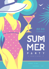Retro flat summer disco party poster with girl in swimsuit and cosmopolitan cocktaill on beach background. Vector illustration