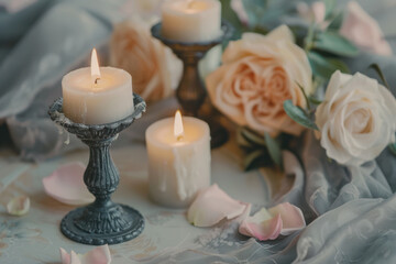 Candle on vintage candle holder, surrounded by roses and petals on a grey surface