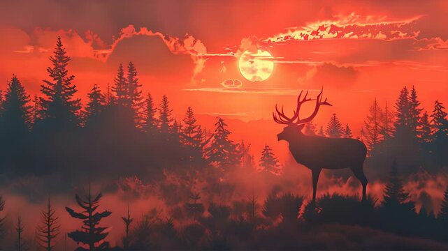 reindeer in the fog. silhouette. japanese illustration. sunset.generatiive ai