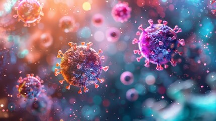 A vibrant 3D depiction of a virus's molecular structure, with bright colors highlighting the different components.