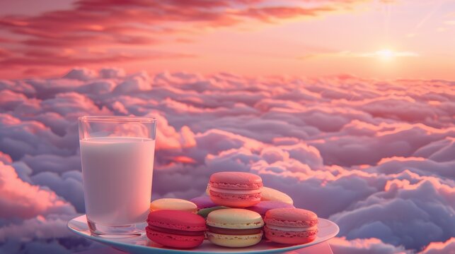 A plate of colorful French macaroons sits next to a glass of milk against the background of a pink sunset and clouds