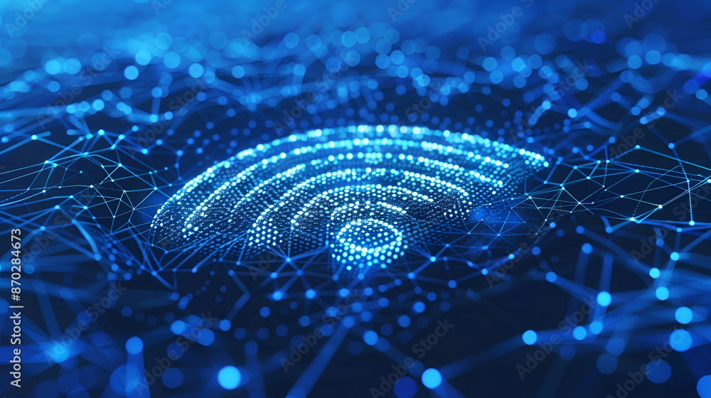 Poster a digital representation of a wi-fi signal, composed of interconnected dots forming concentric semi-