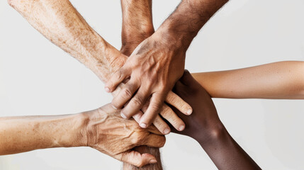 Fototapeta premium Diverse hands reach out, interlocked in a powerful display of unity and collaboration