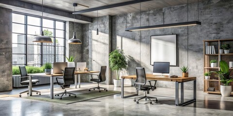 A modern office space with a white board on the wall