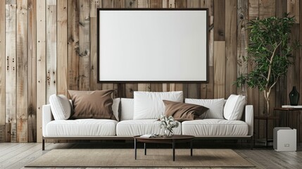 Modern Living Room Interior Design with White Sofa and Wooden Wall