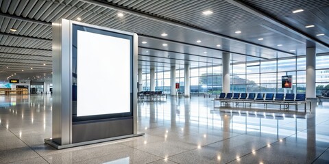 A large white sign is in the middle of a large, empty airport terminal
