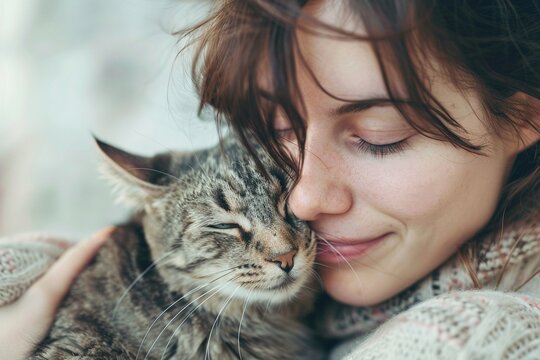 Eine Frau kuschelt mit einer Katze 