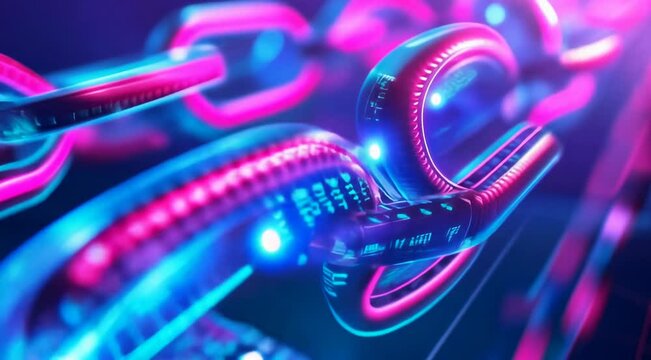 Colorful digital chains with glowing binary code in a futuristic layout, showcasing data encryption and network security.
