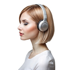 Side view of beautiful woman with headphones enjoy listening to music, isolated on transparent background