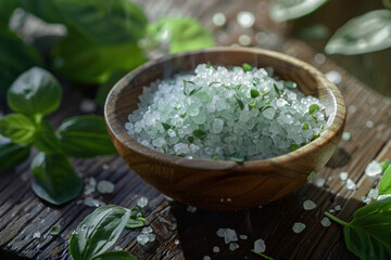 A close-up image of a wooden bowl filled with sea salt and fresh basil leaves, resting on a rustic wooden table