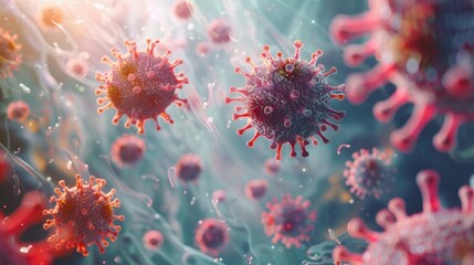 An artistic 3D illustration of a group of virus particles floating in a biological fluid, emphasizing the spread of infection.