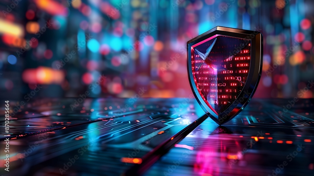 Aufkleber a digital shield with a glowing core sits prominently on a circuit board pathway