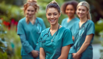 Happy nurses caring for patients with compassion Nurses providing attentive and cheerful care to their patients