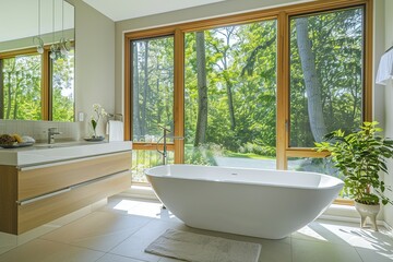 Fototapeta premium Modern bathroom with windows overlooking lush greenery