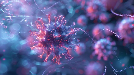 Fototapeta premium A futuristic 3D illustration of a digital model of a virus, used for medical research and health analysis.