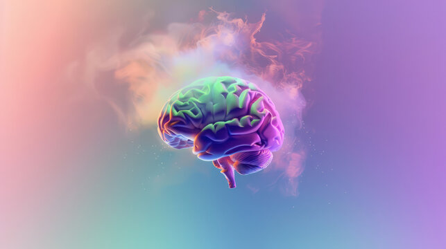 A human brain is floating in an abstract background of colorful smoke and fog