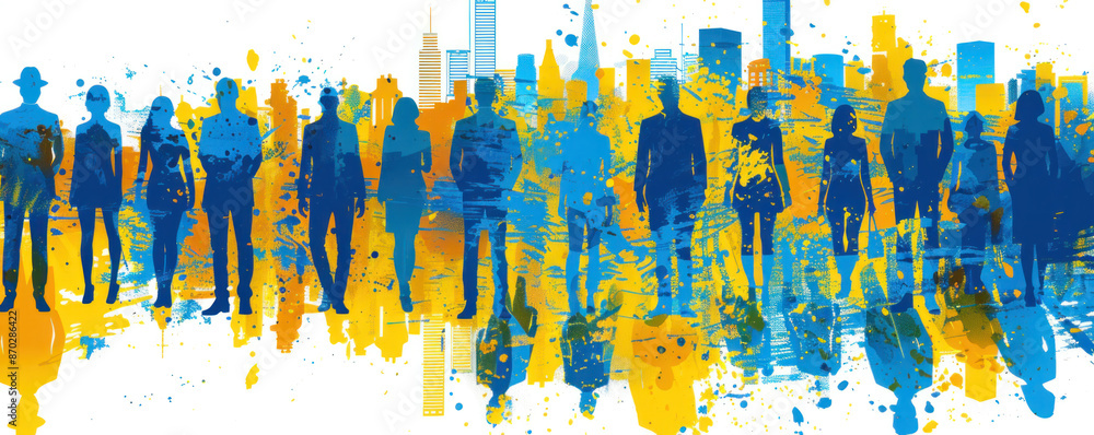 Poster a group of people are standing in a city with a splash of color. concept of unity and diversity amon