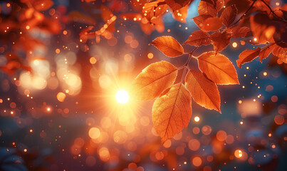 Orange leaves backlit by the sun, creating a beautiful bokeh effect