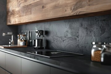 Modern kitchen with black cabinets and wooden backsplash