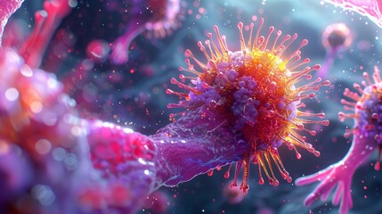 A detailed 3D illustration of a virus cell with spike proteins, showcasing its structure and anatomy in vivid colors.