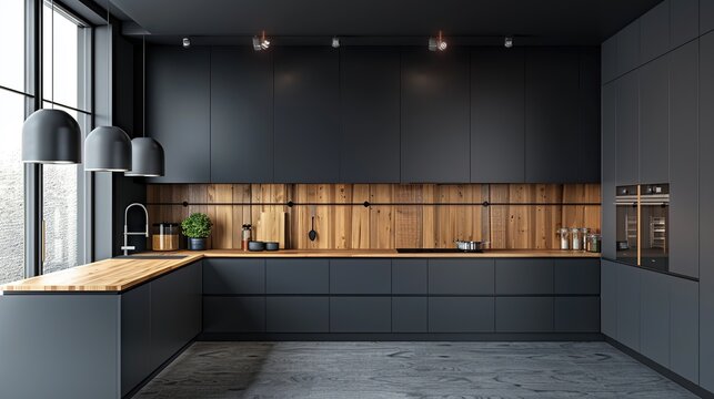 Modern kitchen interior with gray cabinets and wooden panels on the wall, black walls and ceiling, light wood countertop, modern design of kitchen appliances