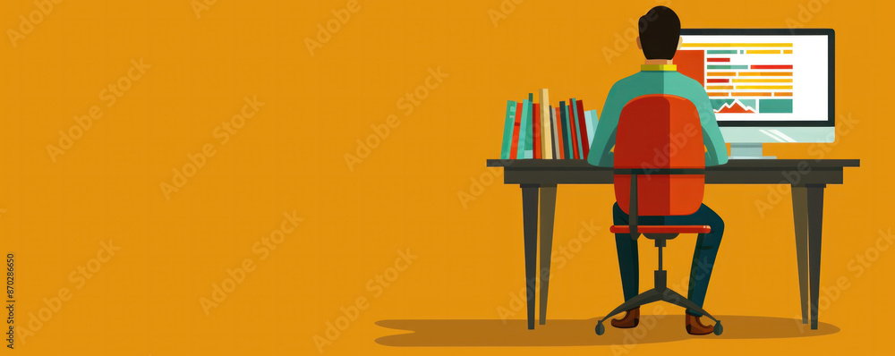 Poster a man is sitting at a desk with a computer monitor and a chair. the desk is cluttered with books and