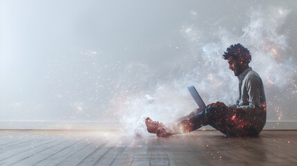 Obraz premium A young man seated on a wooden floor, engrossed in using a laptop. He appears to be in a relaxed posture, with his legs stretched out. The laptop he's using emits a trail of light and digital data