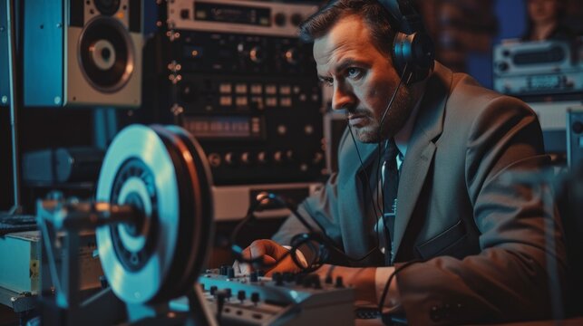 A special agent wearing a headset intently listens to a reel-to-reel tape recorder in a dimly lit control room