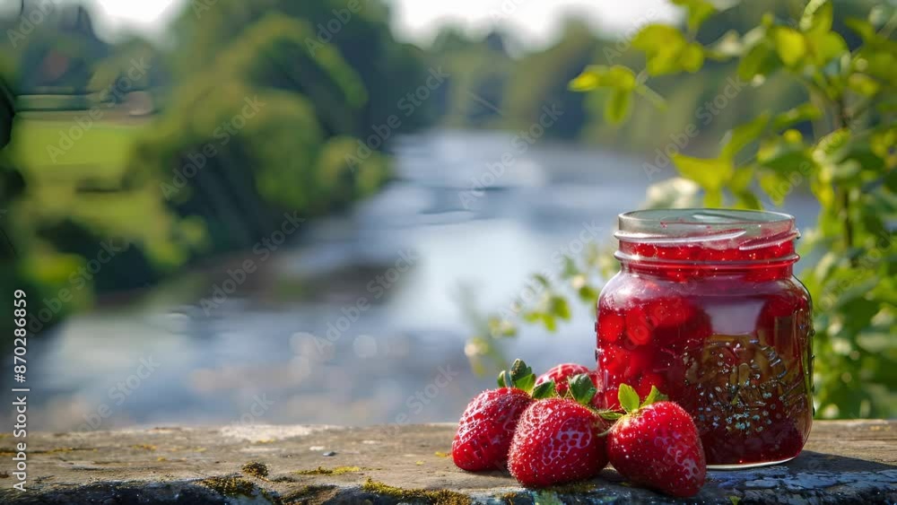 Poster a jar of homemade strawberry jam perfect for spreading on warm slices of toast while admiring the tr