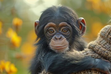 Adorable baby chimpanzee clinging to its mother's back.