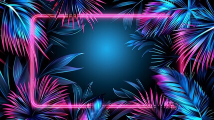 neon-lit tropical foliage framing empty space with vibrant pink neon rectangle
