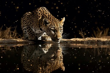 Beautiful leopard drinking at night waterhole, African wildlife photography