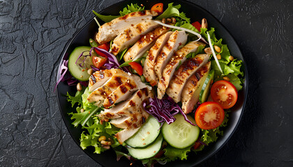 Healthy salad with chicken, tomatoes, cucumber, lettuce, carrot, celery, red cabbage and mung bean on dark background. Flat lay. Top view
