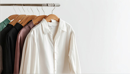 Banner the concept of minimalist fashion clothes. Women's blouses and t-shirts on a hanger on a white background with copy space. Fashion blog, website, social media post.