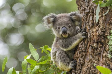 Fototapeta premium Adorable baby koala clinging to its mother's back in a eucalyptus tree.