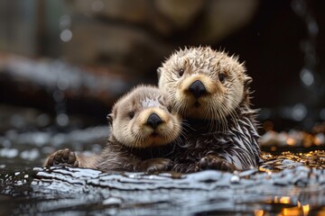 Adorable baby sea otter floating on its mother's belly.