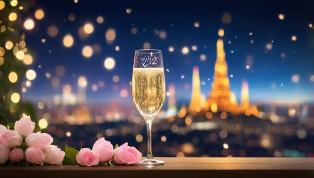 Bokeh photo of en sk&aring;l med rostade sockrade almounds bredvid tv&aring; glass med champagne med fyrverkeri i luften med en skylt happy nytt &aring;r 2024. i bangkok vid floden.
