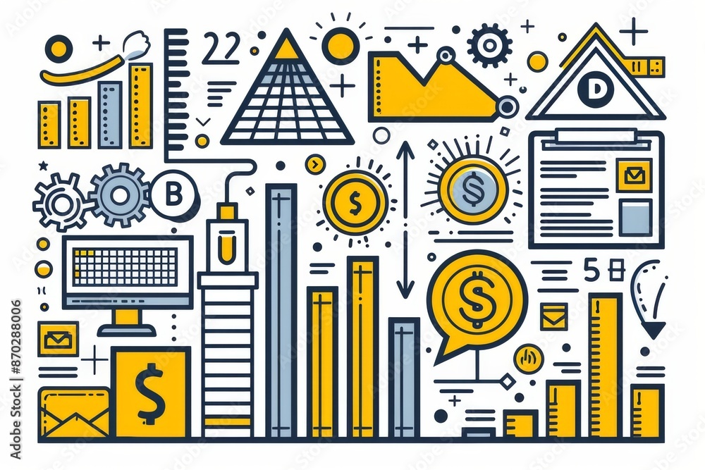 Poster yellow and grey abstract pattern with financial symbols representing business analytics and economic