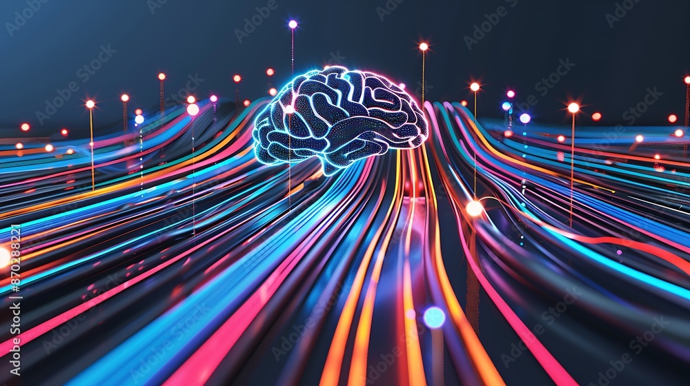 Poster digital brain with electronic circuits and nodes forming neural network