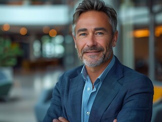 Obraz premium Portrait photography of a successful middle aged businessman consultant looking at camera and smiling inside modern office building