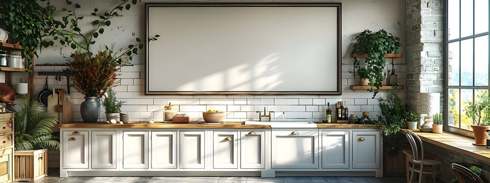 Minimalist 3D Mockup of Rustic Farmhouse Kitchen with Shaker Cabinets and Subway Tile Backsplash