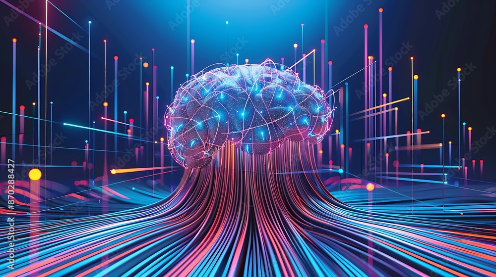 Poster digital brain with electronic circuits and nodes forming neural network