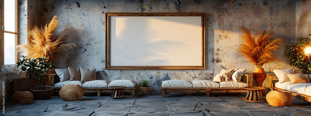 Aufkleber 3d rendered mockup of white background frame in rustic farmhouse setting with textured plaster