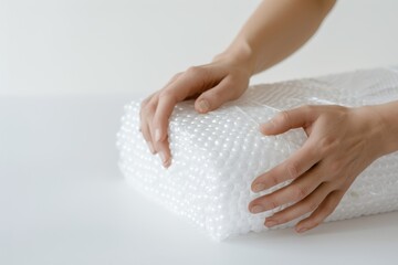 A person is holding a white box with bubble wrap on it