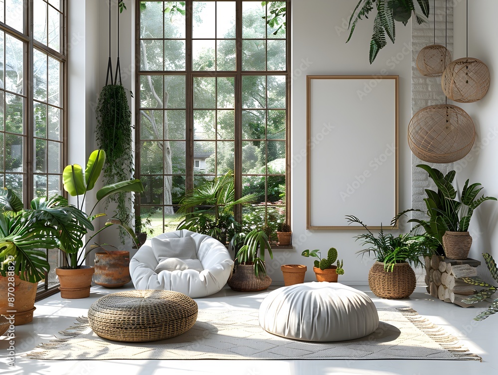 Poster minimalist floating frame in bright scandinavian style room with garden view
