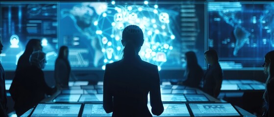 Brainstorming session, futuristic holograms, idea generation, high-tech setting, innovative thinking