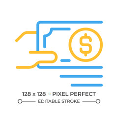 Payment in cash two color line icon. Paper money currency. Purchasing and selling. Physical cash bicolor outline symbol. Duotone linear pictogram. Isolated illustration. Editable stroke