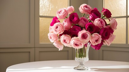 Bouquet of pink roses in a vase on the table