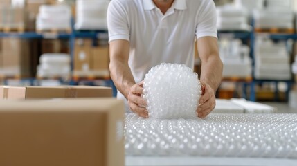 A man is holding a white ball in his hand. The ball is made of plastic and is white in color. The man is standing in a warehouse, surrounded by boxes and shelves